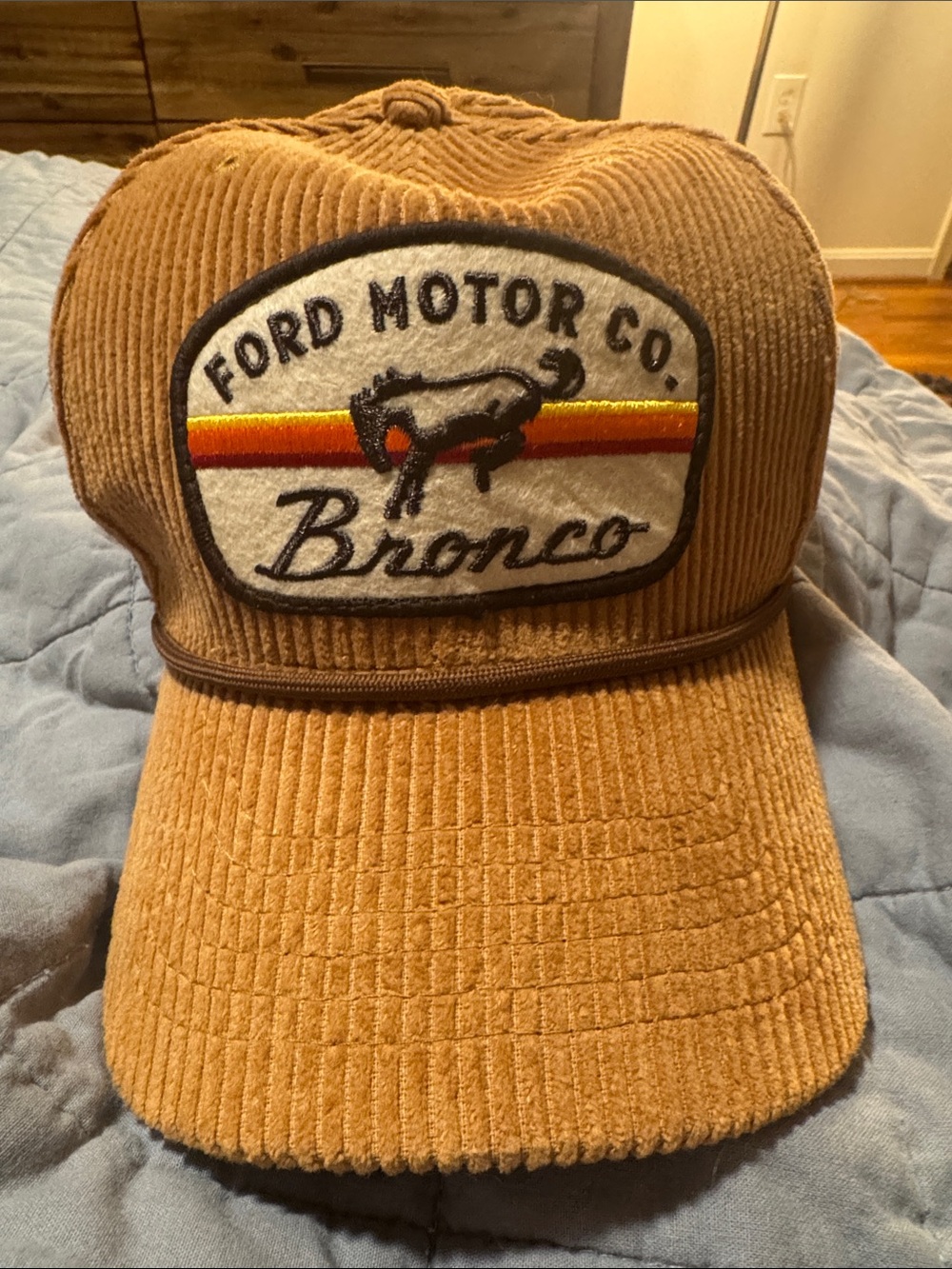 Ford Corduroy Bronco Patch Hat - Brown with Yellow & Red Stripe
